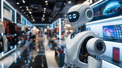 A sleek robotic assistant stands in a modern, well-lit electronics store, surrounded by various gadgets and tech devices on display.