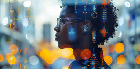 An academically outstanding student receives a top award for a science fair project, inspiring and commendable image of a double exposure silhouette with science fair displays. Generative AI.