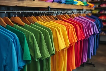 A rack of colorful shirts hanging in a store