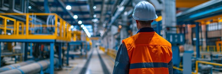 A man in a safety helmet and reflective vest walks down an aisle in an expansive, modern industrial factory setting