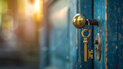 Antique key in a rustic door lock. The golden key hanging in an aged blue wooden door with warm sunlight streaming through.