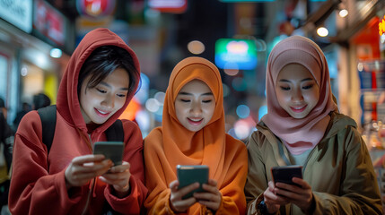 Obraz premium group of diverse three Asian teenagers friends looking at smartphones standing together in city street at night