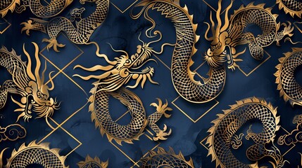 a sophisticated, seamless geometrical animal pattern featuring the silhouettes of majestic, fantastic dragons, drawing inspiration from ancient Chinese ethnic motifs.