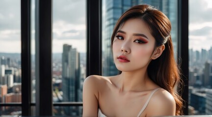 Beautiful attractive asian woman model standing in front of a window