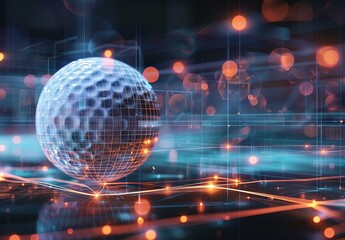 A modern digital art piece featuring a 3D golf ball with a wireframe and digital grid, blurred lines, and abstract composition.