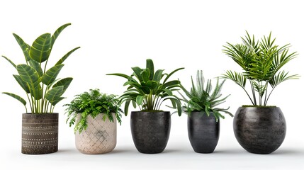 Assorted indoor plants in stylish pots isolated on white background. Home decor and interior design elements. Fresh, lush greenery brings nature indoors. AI