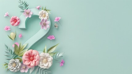 3D number "2" with pastel colored flowers and leaves on a light green background, minimal concept, copy space for text, studio