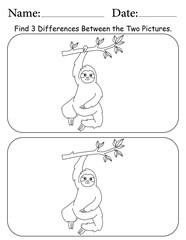 Sloth Puzzle. Printable Activity Page for Kids. Educational Resources for School for Kids. Kids Activity Worksheet. Find Differences Between 2 Shapes