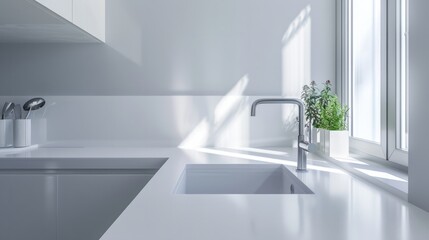 side of the white counter, showing the integration of the sink and faucet into the overall design. generative ai