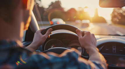 Fototapeta premium Driving at sunset. Person driving a car on a highway during sunset, with hands on the steering wheel and sunlight filtering through the windshield.