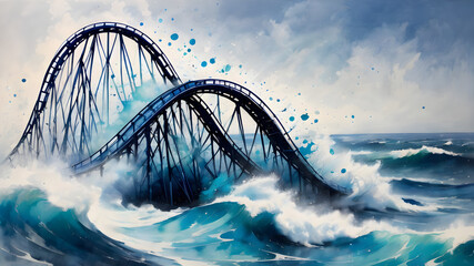 A roller coaster that defiantly extends into the azure waters of the open ocean, its sleek contours and thrilling loops reflecting the untamed power of the waves around it