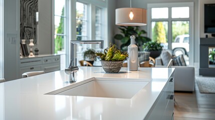 side of the white counter, showing the integration of the sink and faucet into the overall design. generative ai