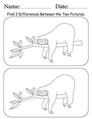 Sloth Puzzle. Printable Activity Page for Kids. Educational Resources for School for Kids. Kids Activity Worksheet. Find Differences Between 2 Shapes