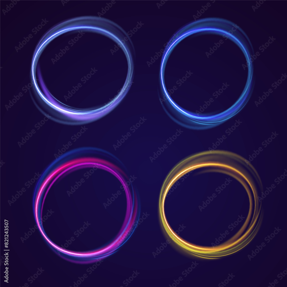 Poster Set of neon blurry light circles at motion . Vector swirl trail effect. Abstract vector fire circles, sparkling swirls and energy light spiral frames.