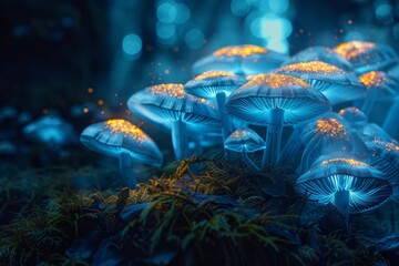 A macro, photorealistic, highresolution image of bioluminescent fungi growing on a mosscovered rock, the gentle glow illuminating the fine details of the moss and fungi