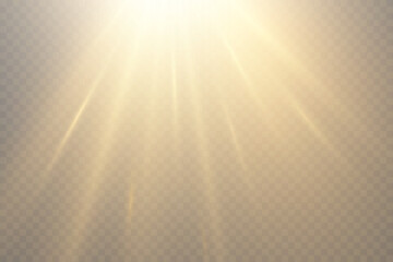 Flash gold light with rays and spotlight. Golden star burst with sparkles. Translucent shine sun, bright flare. Sunlight glowing png effect. Yellow beam sunrays on transparent background. Vector