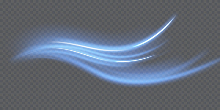 Blue wind waves effect. Abstract light motion trails with sparkles isolated on black background. Light blue Twirl. Curve light effect of blue line. Luminous blue circle.