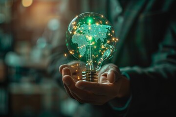 Fototapeta premium A person is holding a light bulb that is glowing green