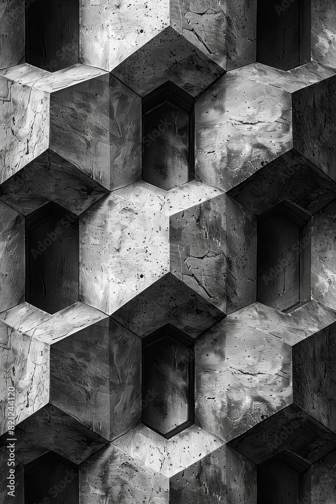 Poster An arrangement of black and white pentagons, interlocking to form a cohesive and balanced pattern,