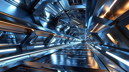 Render a futuristic 3D scene with angular shapes and metallic surfaces.