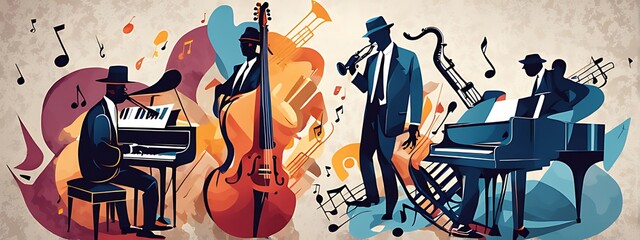Jazz Music Background Poster with Band Instruments for Concert, Piano Art, Abstract Jazz Saxophone Design, Festival Party Flyer, and Musician Orchestra Banner