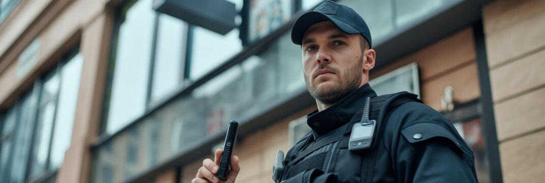 A focused security guard in a black uniform holds a radio while on patrol in an urban setting, representing vigilance and protection
