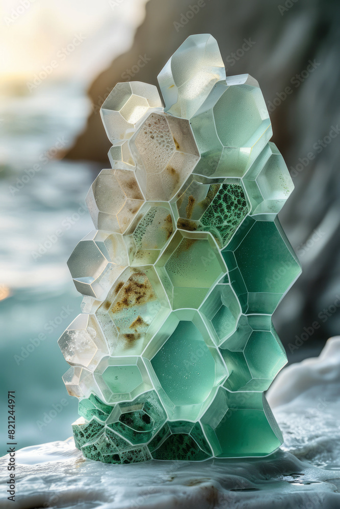 Poster hexagons tessellated together, each displaying a gradient from mint green to deep emerald, evoking a