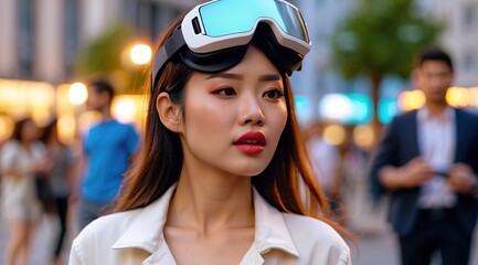 Beautiful attractive asian woman model in vr glasses standing on street