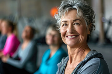 Active senior woman working out with a group at the gym. Fitness For Seniors Concept, Group Exercises, Active Aging