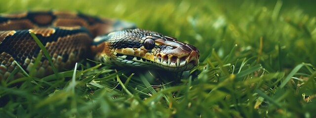 Obraz premium Close-Up of Snake on Green Grass in Natural Habitat