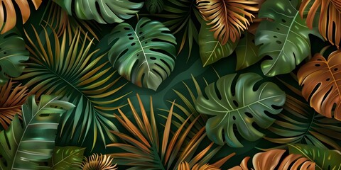 Naklejka premium Captivating macro illustration capturing the beauty of natural green and brown tropical foliage, such as Monstera, palm, fern, and ornamental plants, creating a mesmerizing backdrop