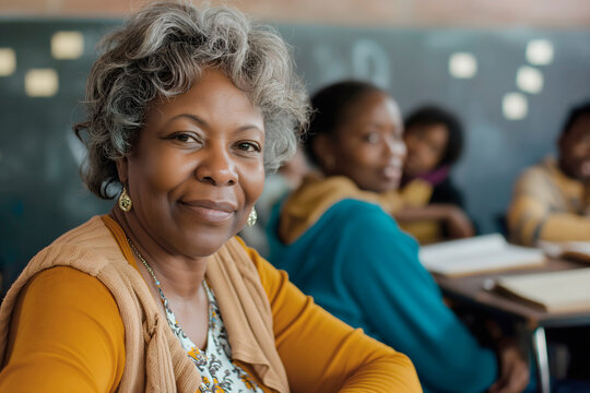 mature black woman diligently participates in an adult education class, symbolizing pursuit of knowledge. This image highlights the importance of lifelong learning and self-improvement at any stage