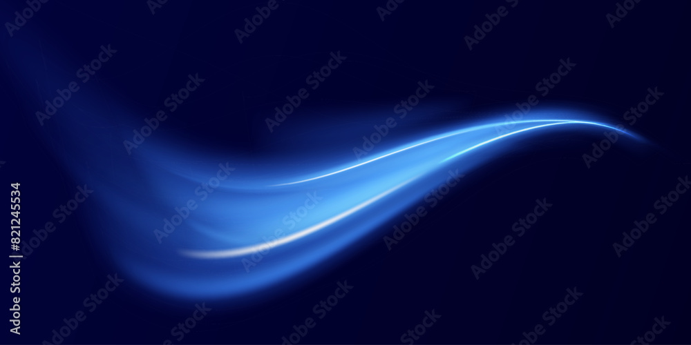 Poster blue wind waves effect. abstract light motion trails with sparkles isolated on black background. lig