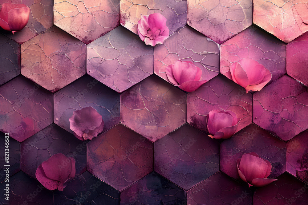 Poster a grid of hexagons with a gradient from soft pink to dark rose, creating a gentle and romantic ambia