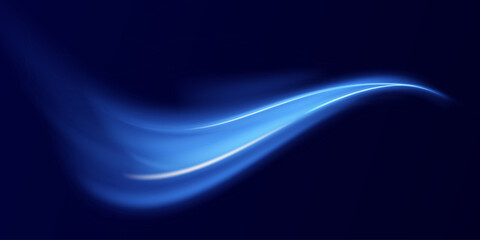 Blue wind waves effect. Abstract light motion trails with sparkles isolated on black background. Light blue Twirl. Curve light effect of blue line. Luminous blue circle.