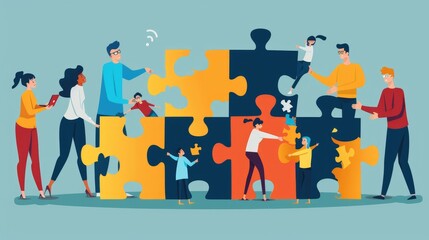 The image shows a group of people of various skin tones and genders working together to assemble a puzzle. The background is blue, and the puzzle pieces are brightly colored. The people are all