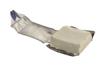 processed cheese in open foil packaging isolated on white background