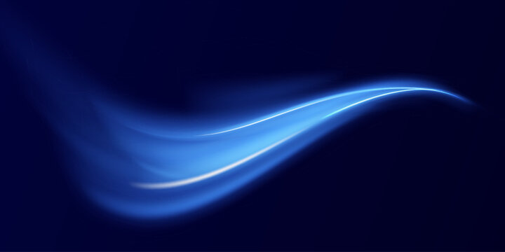 Blue wind waves effect. Abstract light motion trails with sparkles isolated on black background. Light blue Twirl. Curve light effect of blue line. Luminous blue circle.