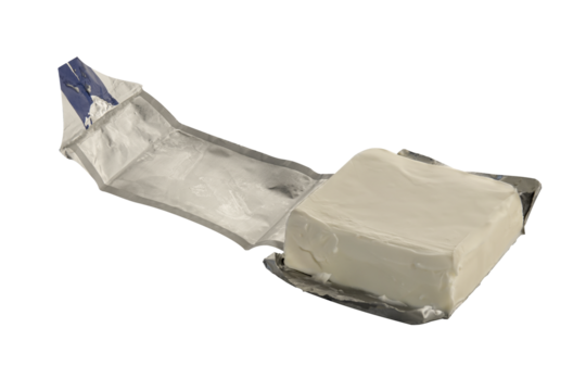 processed cheese in open foil packaging isolated on white background