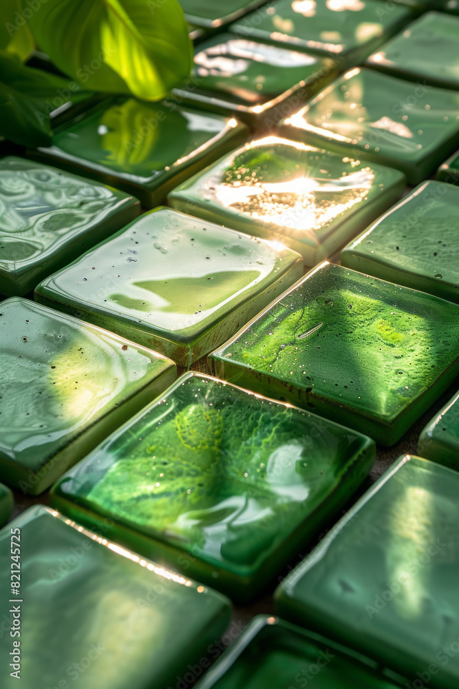 Poster squares with rounded corners, each with a gradient from light mint to forest green, evoking a sense 