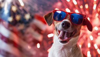 Happy smiling Jack Russell Terrier dog in red white and blue sunglasses with an american flag on the background of fireworks, USA patriotic concept