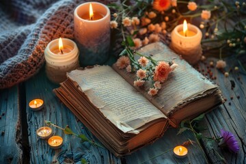 A beautifully decorated diary on a cozy, rustic wooden table, surrounded by warm candles, fresh flowers, and a comfy throw blanket