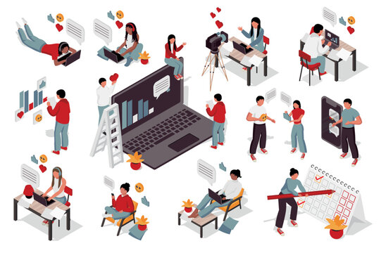 Business 3d isometric mega set. Collection flat isometry elements of people works at office, freelance workplace with laptops, teamwork meeting, employee deadline organization. Vector illustration.