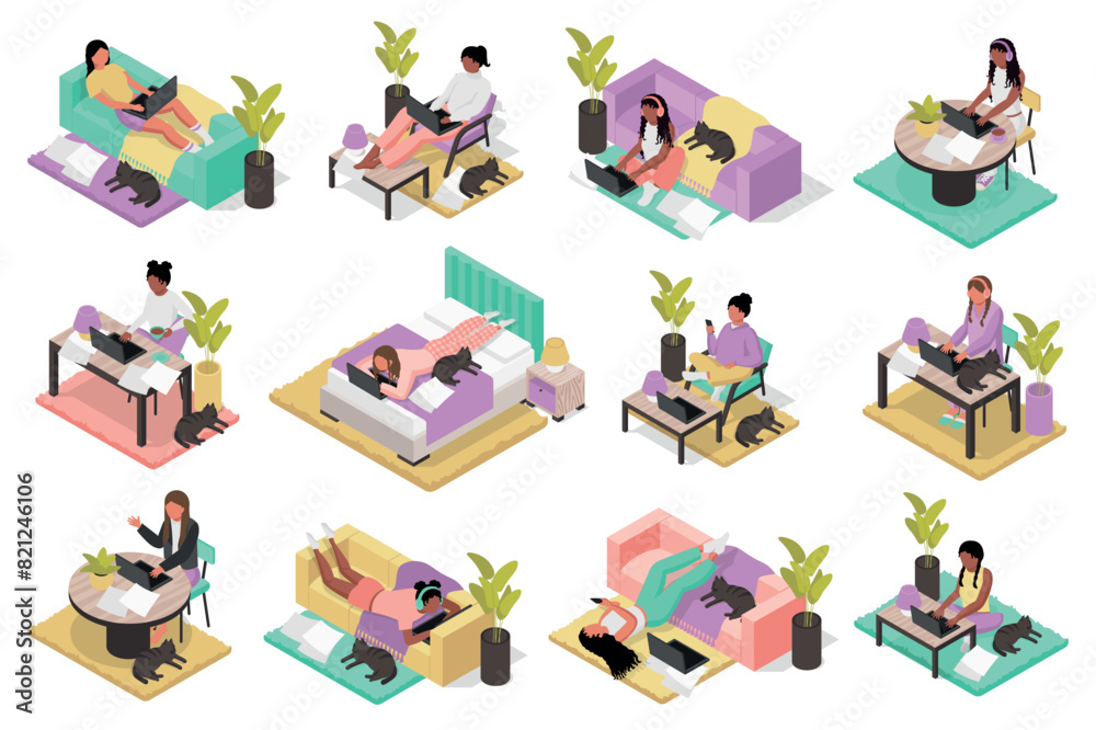 Poster work from home 3d isometric mega set. collection flat isometry elements of people working at laptop 