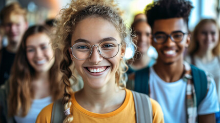 Fototapeta premium Smiling students at school. A group of smiling students, focusing on a cheerful girl with glasses in the foreground.