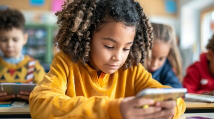 Young students gathered around a cell phone, engaged in using technology inside a school classroom.