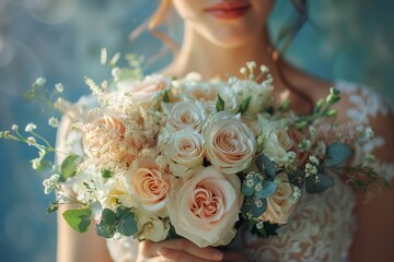 A woman is holding a bouquet of flowers, which includes roses and baby's breath