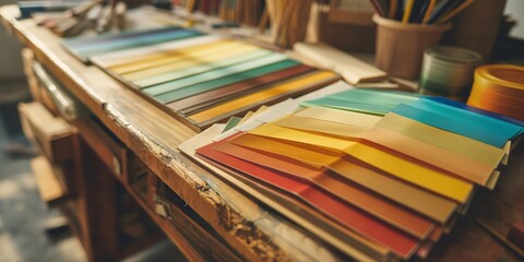 Warm and cool colored paper samples neatly displayed on a workshop desk highlighting design choices for art and crafting