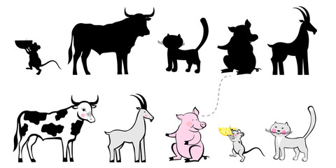 Kids words learning game worksheet read and match. Funny animals. Educational Game for Preschool Children Picture puzzle.  Logic game for children. Simple flat isolated vector illustration. 