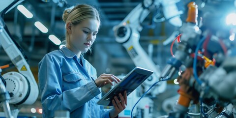 A female technician is using a tablet to check systems in an industrial setting with robotic machinery